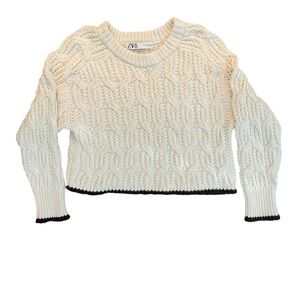 Zara cable knit boxy sweater M lvory with brown contrast trim retro style